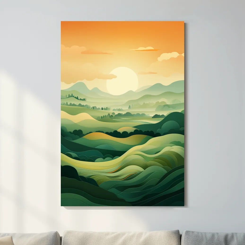 Illustration of rolling green hills at sunset