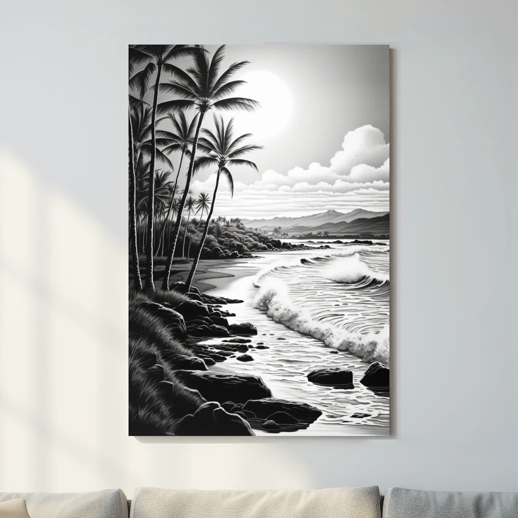 Black and white drawing of a tropical beach mountain scene