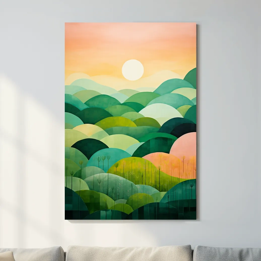 Rolling green abstract hills at sunset