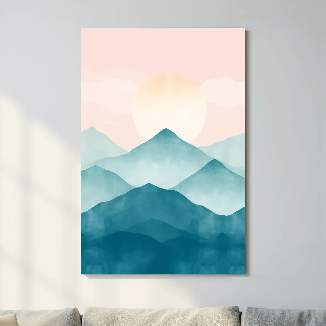 Soft pastel mountain landscape painting, pastel colored wall art