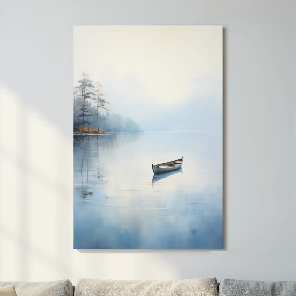 Watercolor painting, canoe on a misty lake