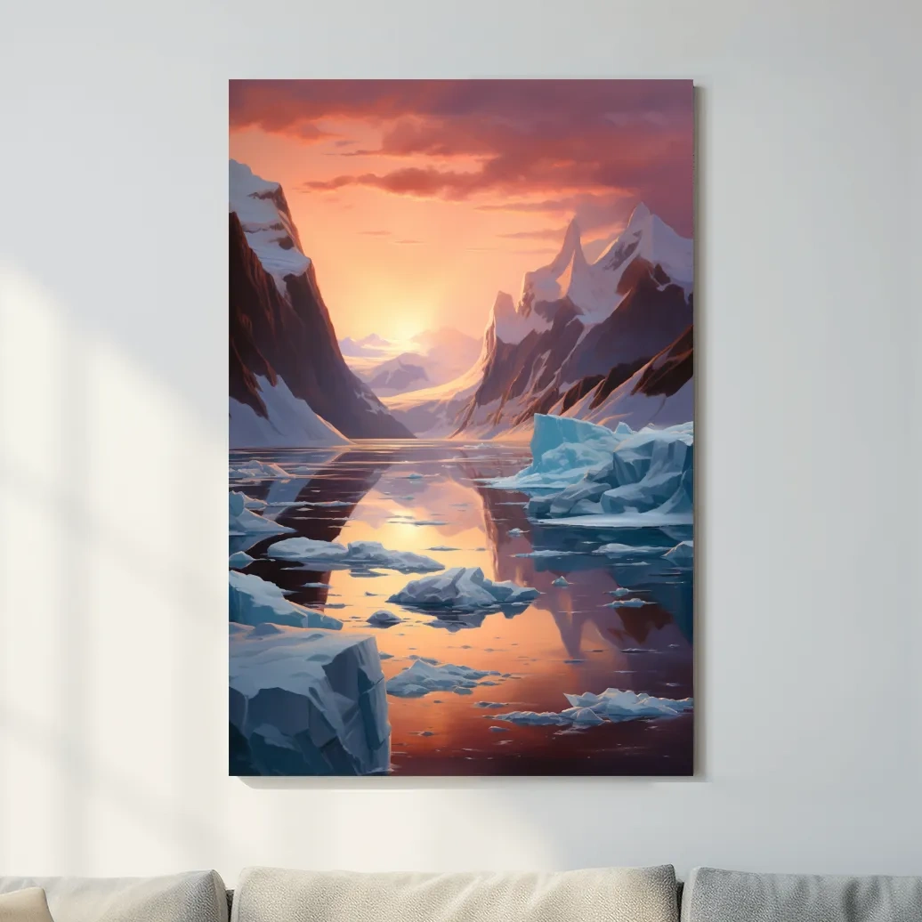 Beautiful surreal painting, sunset over the antarctic ice