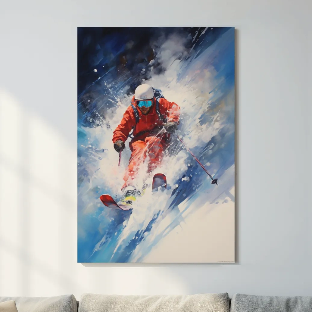 Dynamic painting of a skier exploding in powder