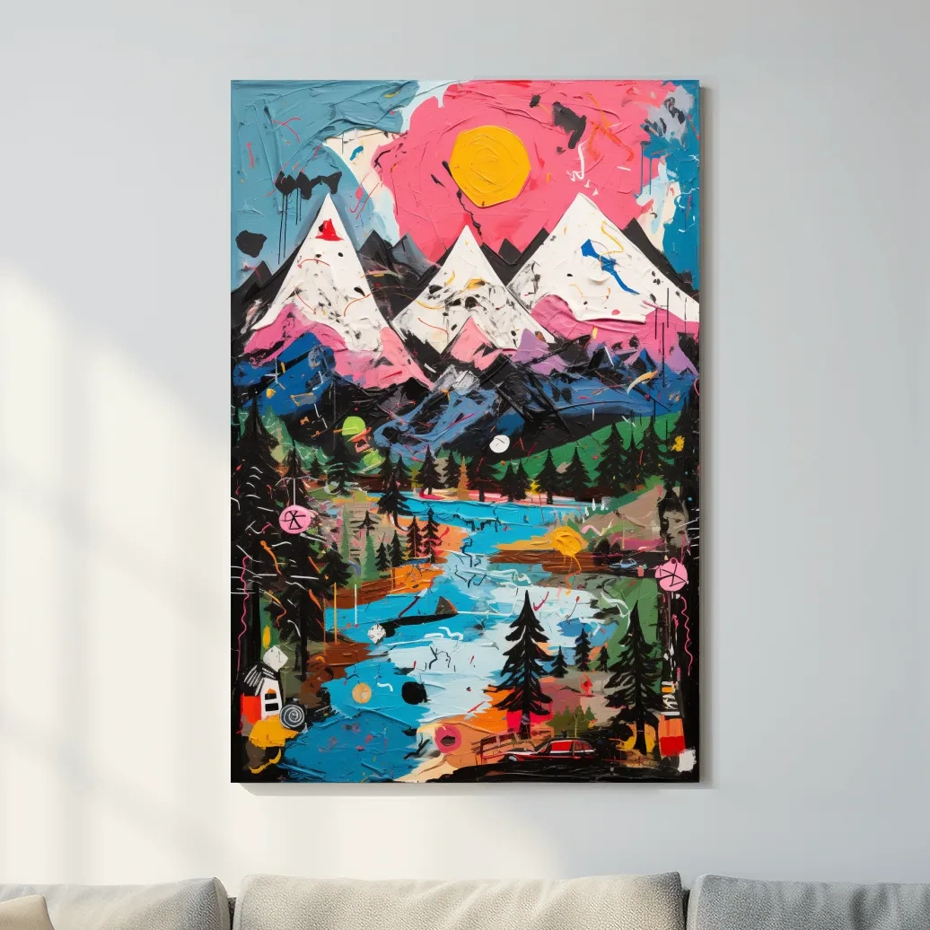 Bold abstract painting of an alpine mountain scene