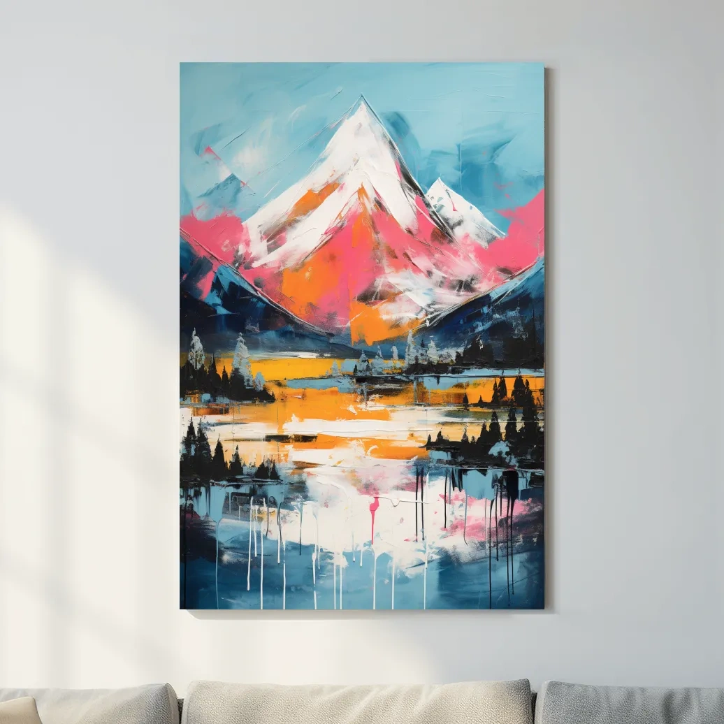 Bright painting of a snow capped mountain
