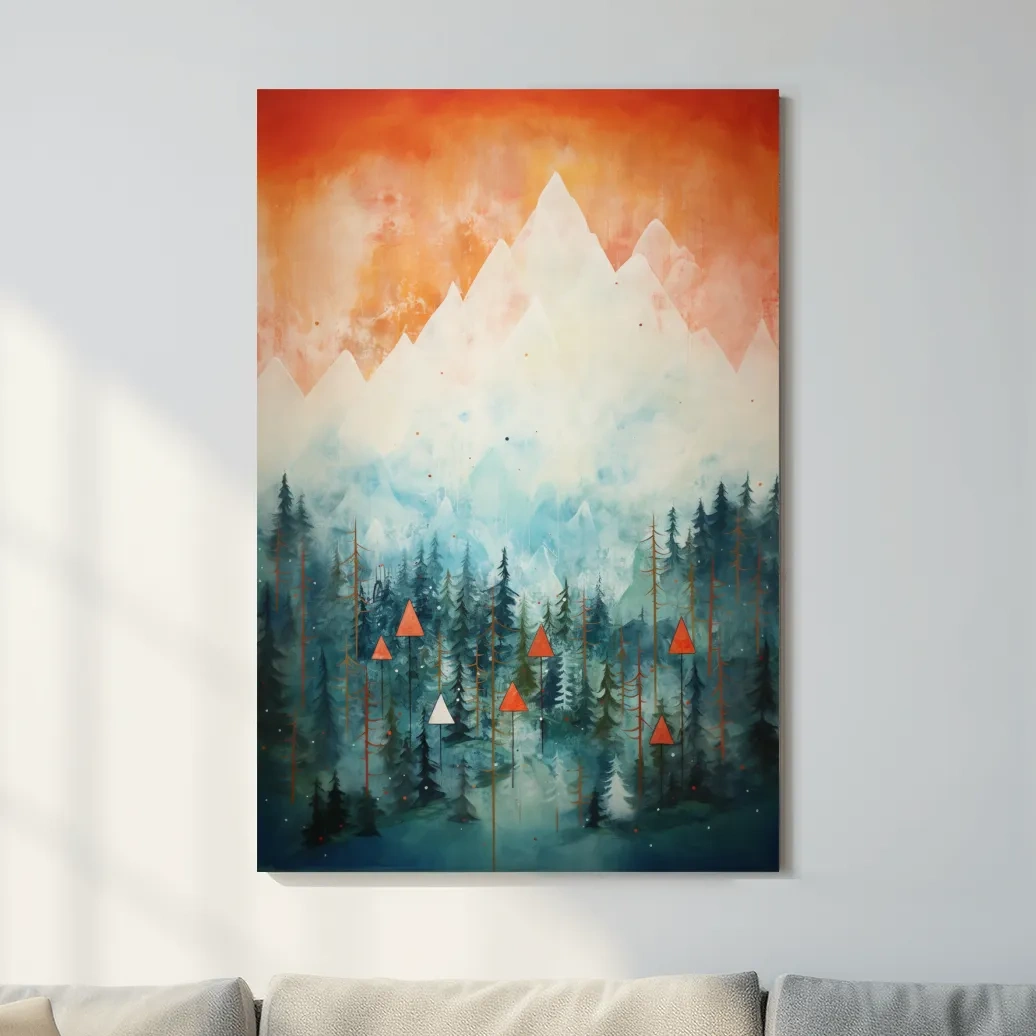 Abstract painting of a forest in the mountains