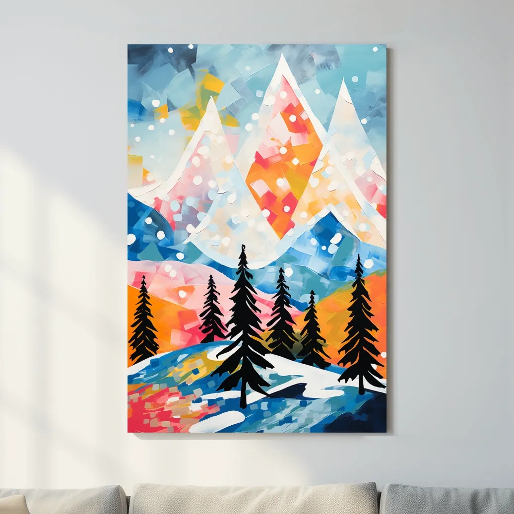 Simple colourful abstract painting of a snowy mountain scene