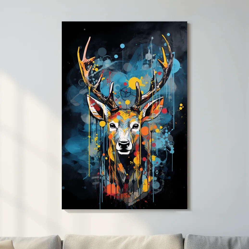 Deer head painting in a graffiti dripping style