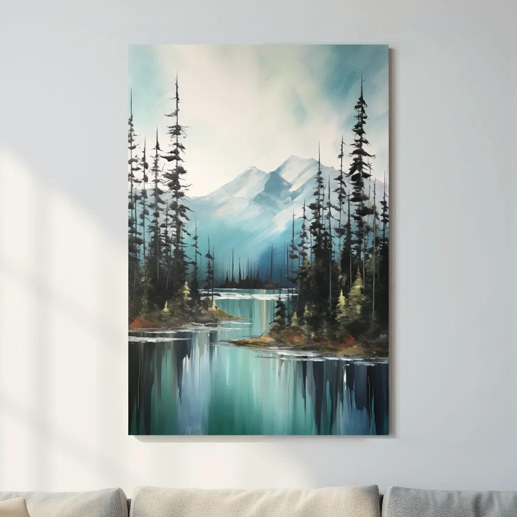 Serene mountain painting, turquoise lake in the alpine