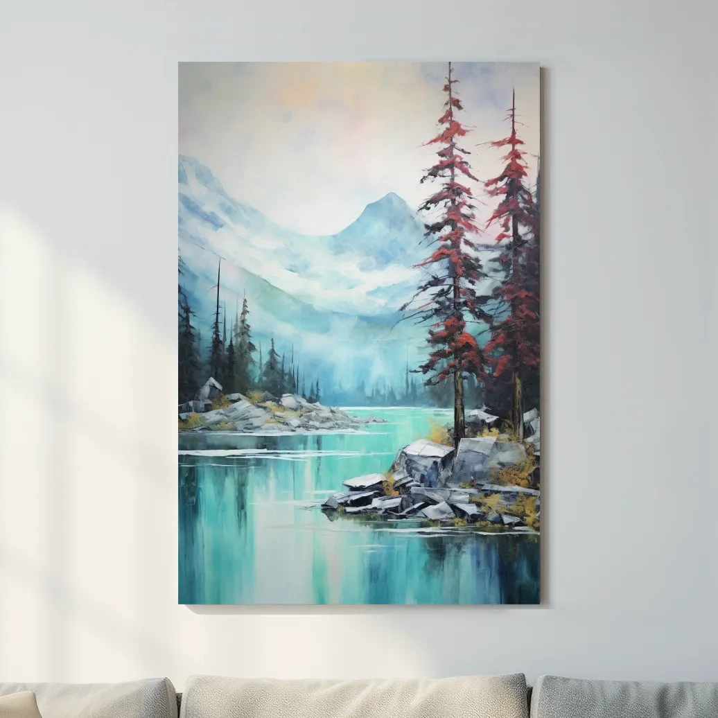 Mountain scenery painting, a turquoise alpine lake