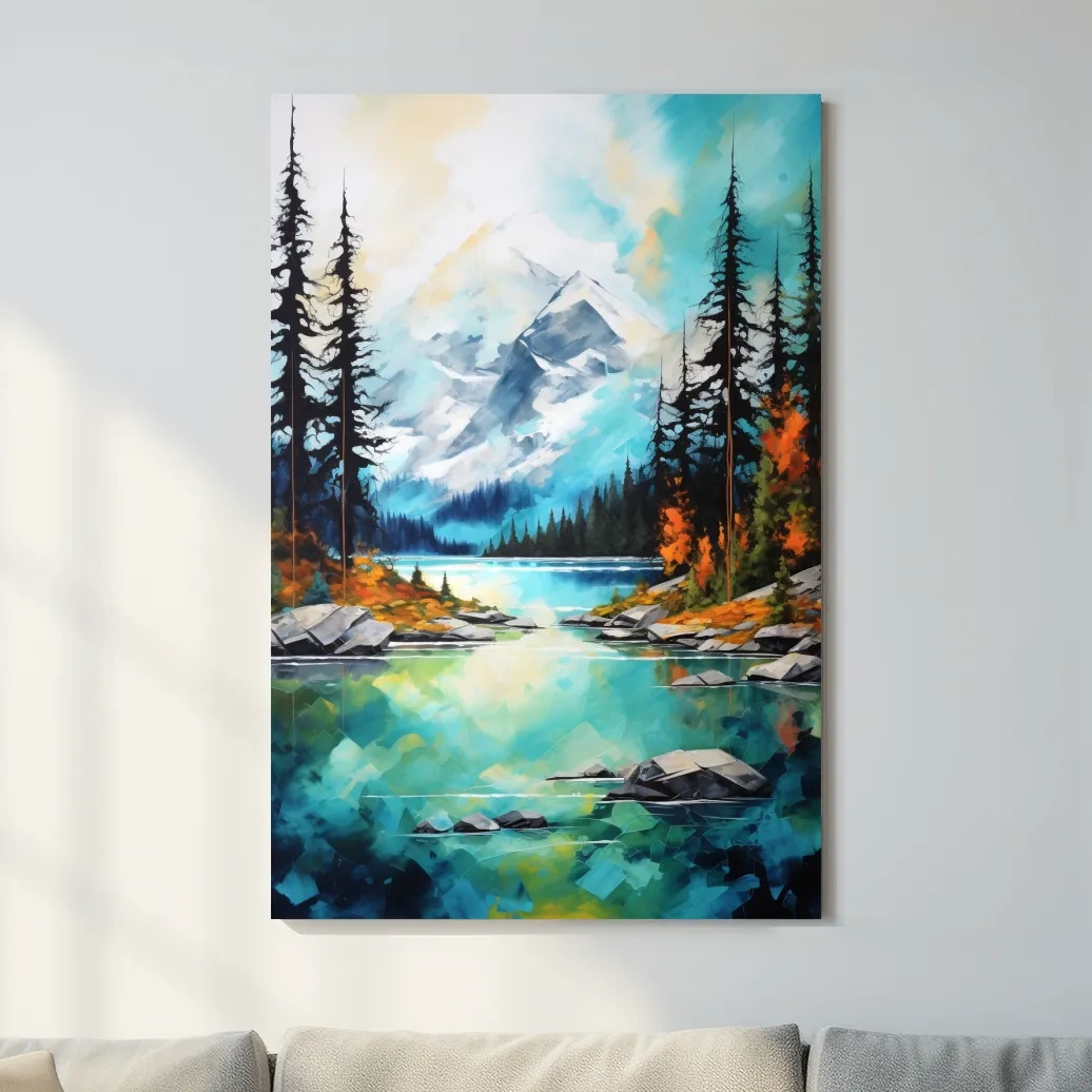 Torquoise alpine lake painting in the fall