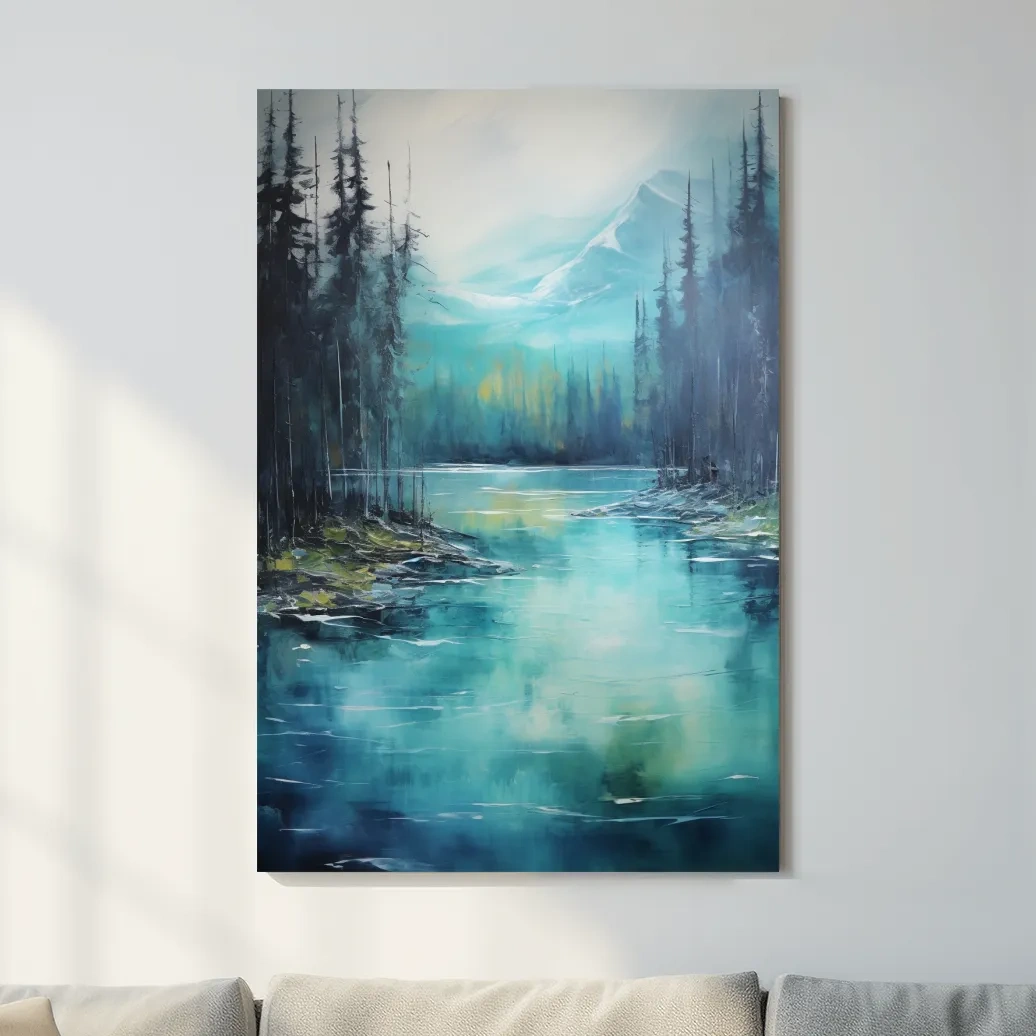 Misty Mountain Lake Reflection - Serene Forest Oil Panting Wall Art