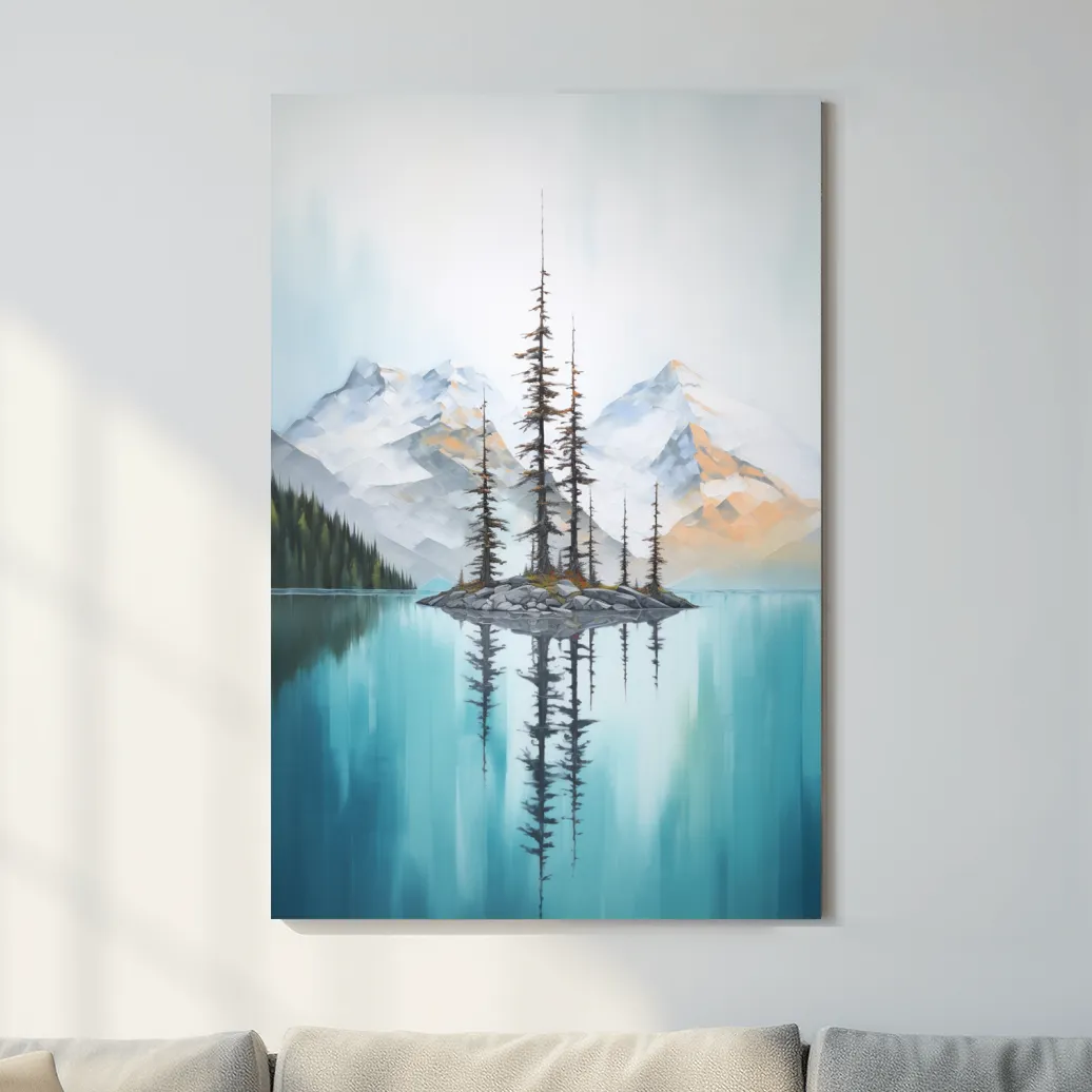 Painting of trees in a turquoise alpine lake