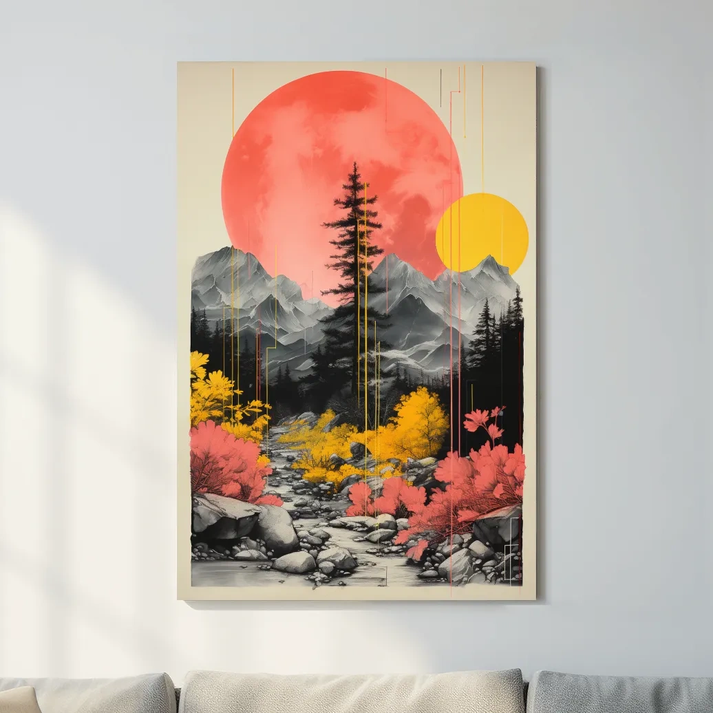 Pink and yellow contrasting artwork, alpine mountain scene