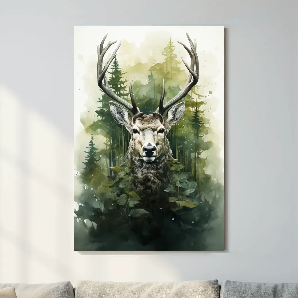 Watercolour painting, deer head in the foliage