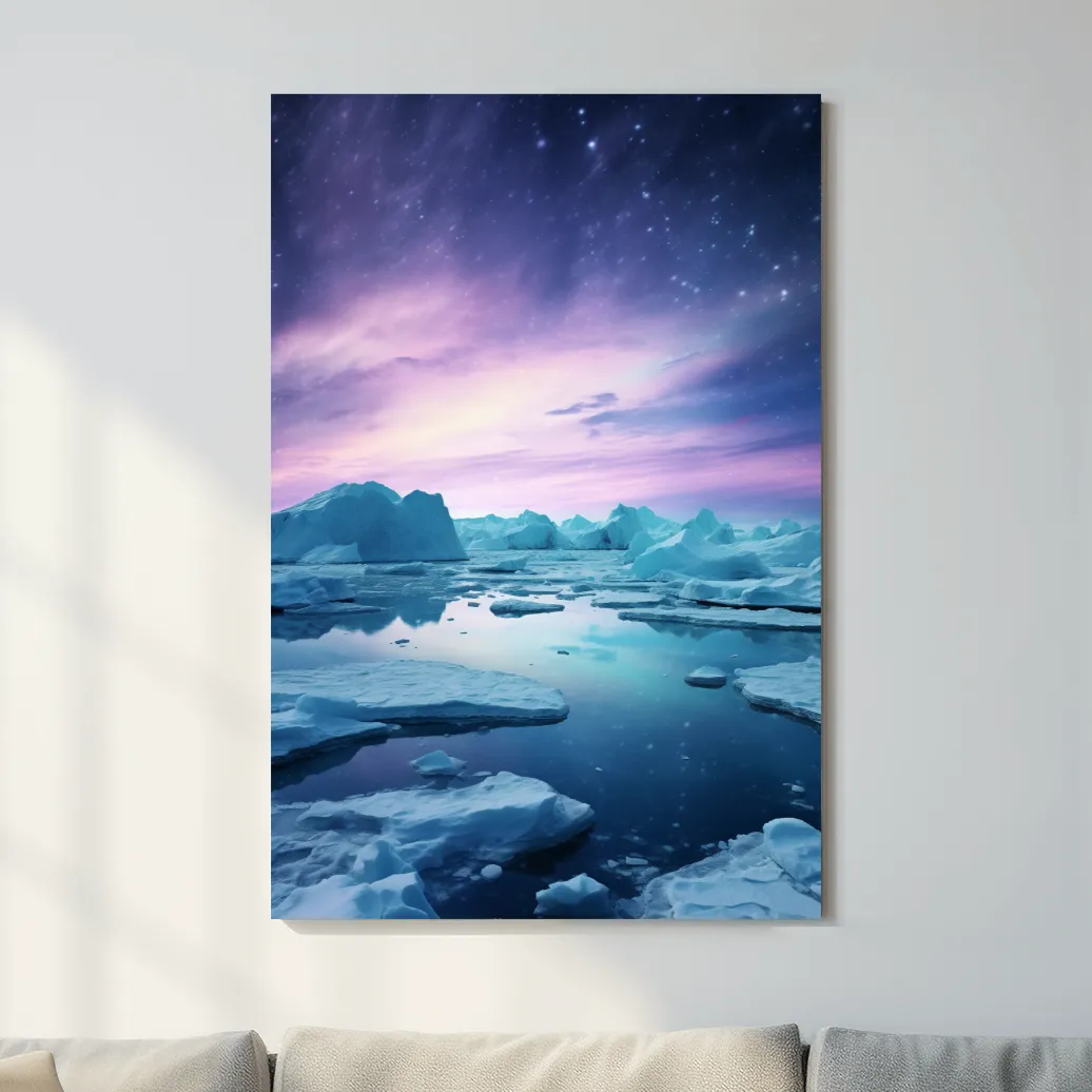 Surreal photography, purple northern lights over the arctic ice