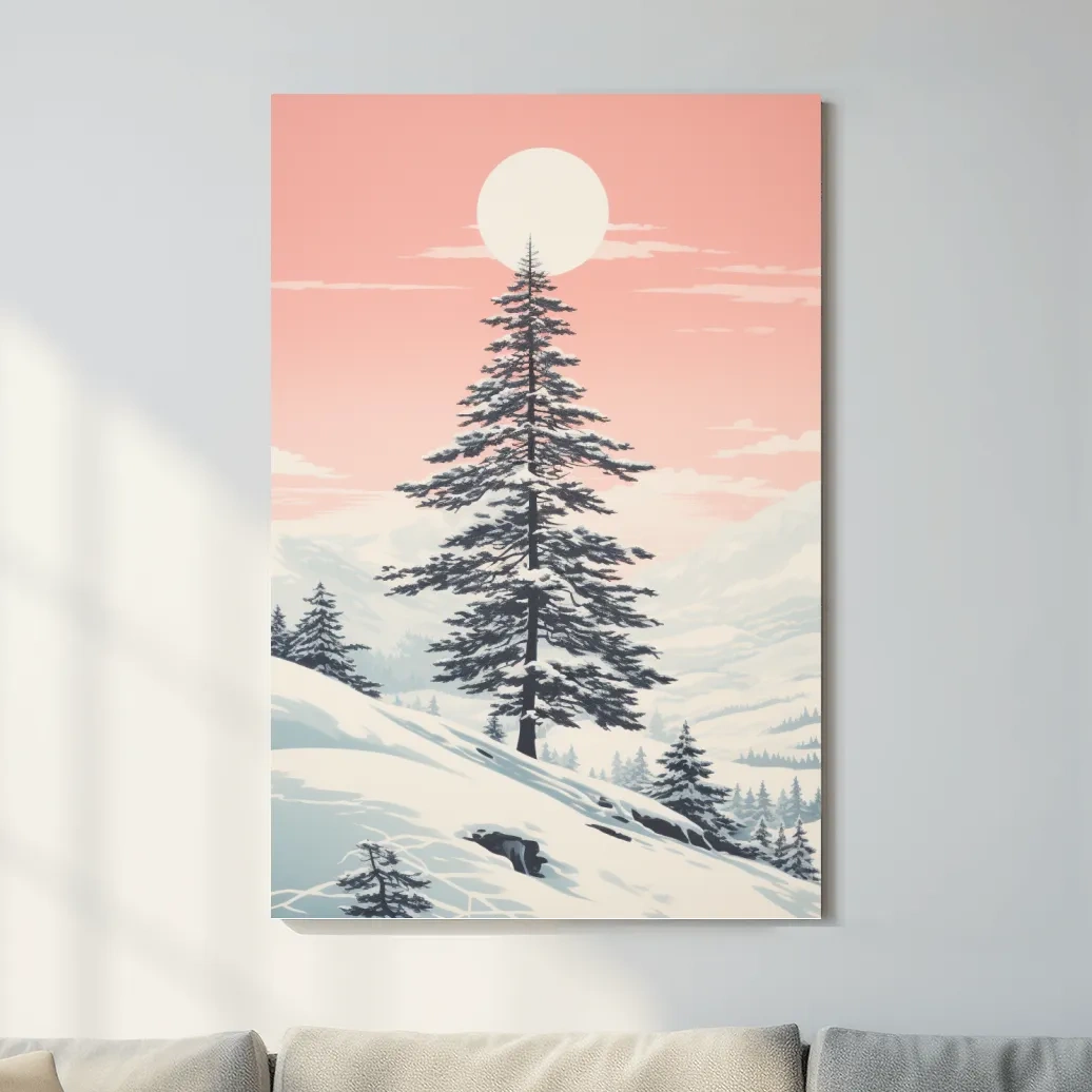 Minimal art, snow covered pine tree at sunset
