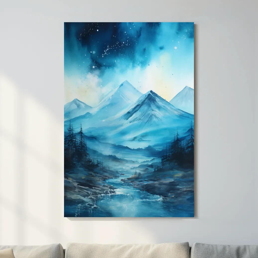Watercolor painting, mountains under the stars