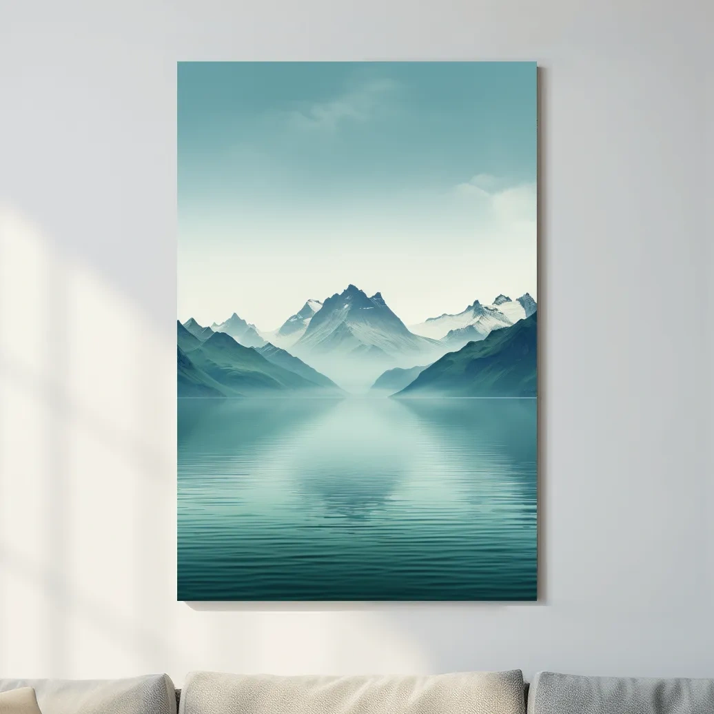 Soft, minimal art, mountains by a lake