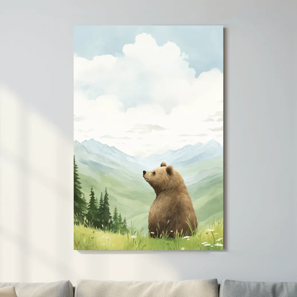 Whimsical Watercolor Bear In Mountain Meadow - Serene Nursery Wildlife Art