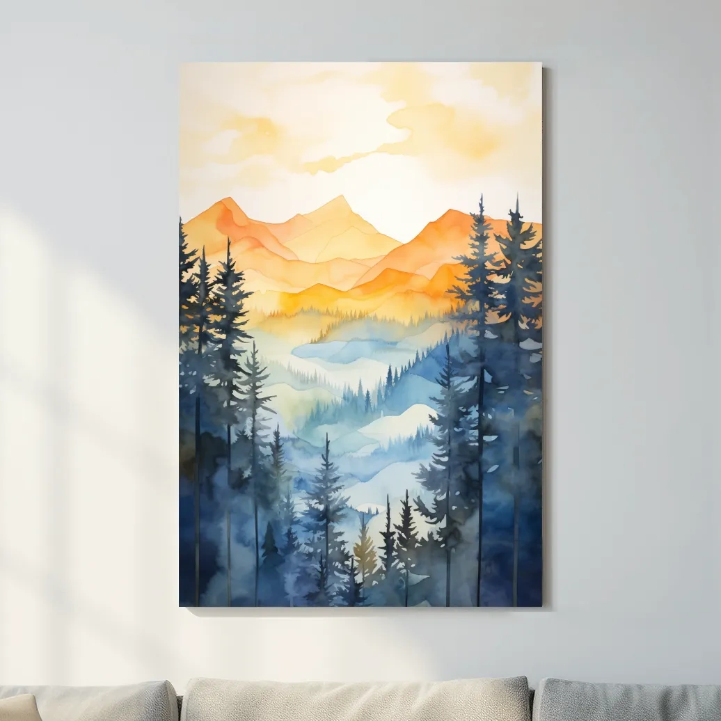 Simple watercolor art painting of alpine mountain scenery