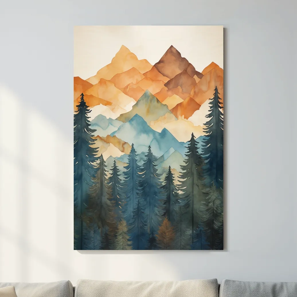 Simple watercolor painting of mountains and trees