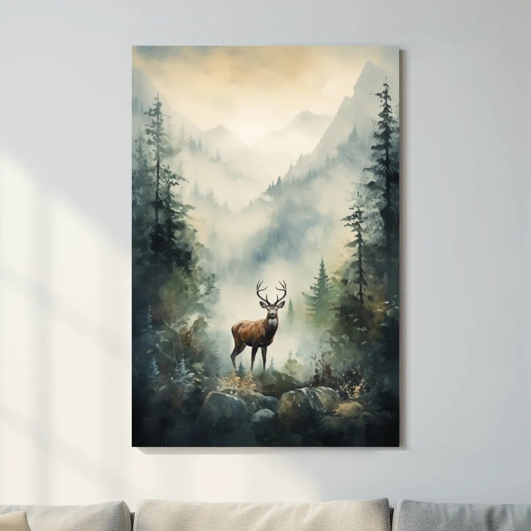 Misty Alpine Forest Deer Painting - Atmospheric Mountain Wildlife Wall Art