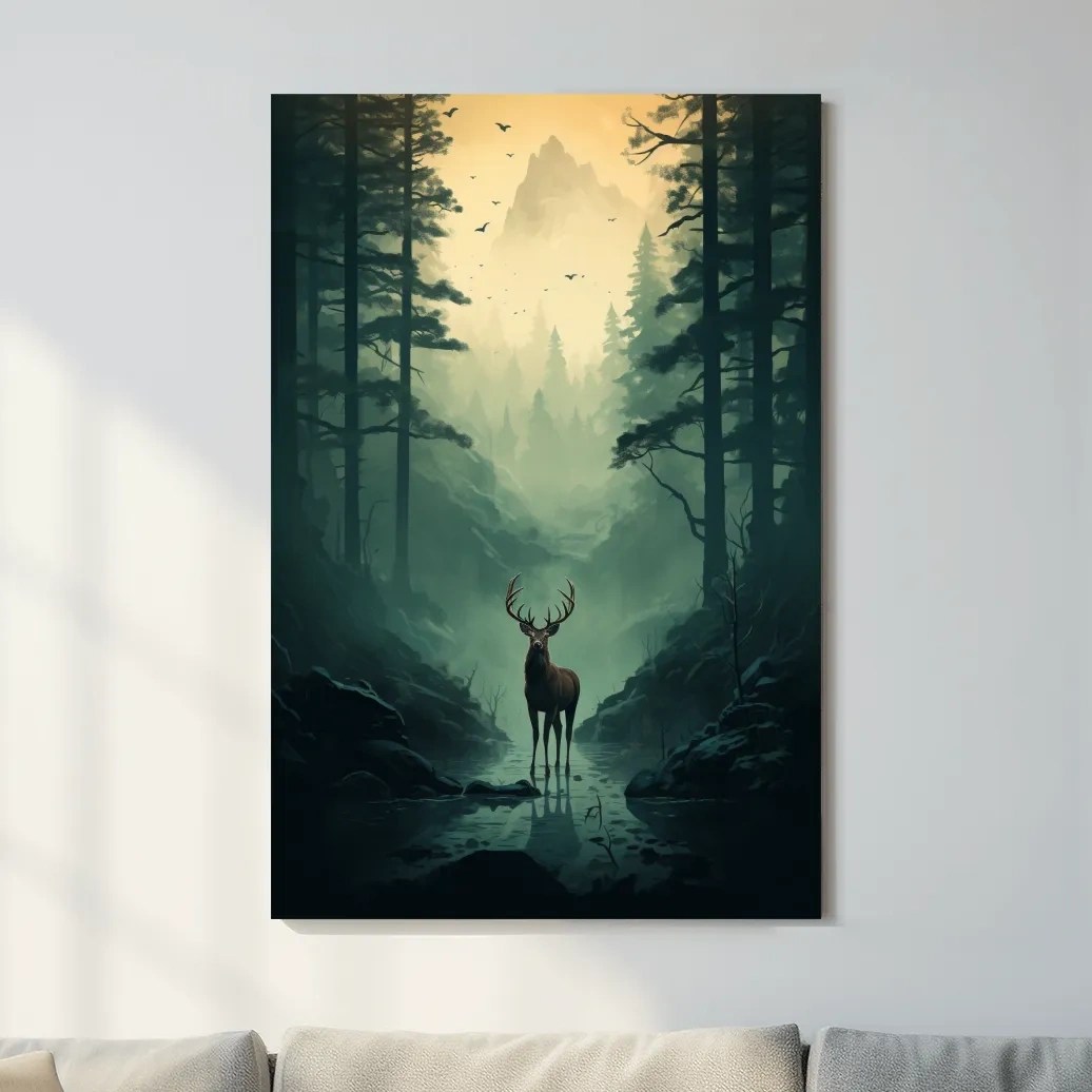 Serene illustration of a deer in a misty forest