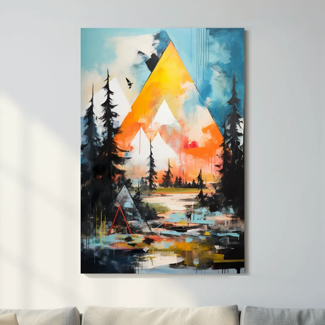 Vibrant Abstract Mountain Painting - Modern Geometric Alpine Forest Wall Art