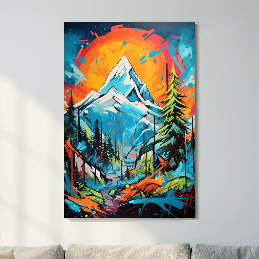 Graffitti inspired art of sunset over a glacier, vibrant wall art