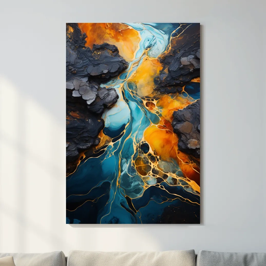 Elegant Gold And Teal Abstract Flowinf River - Alcohol Ink Style Wall Art
