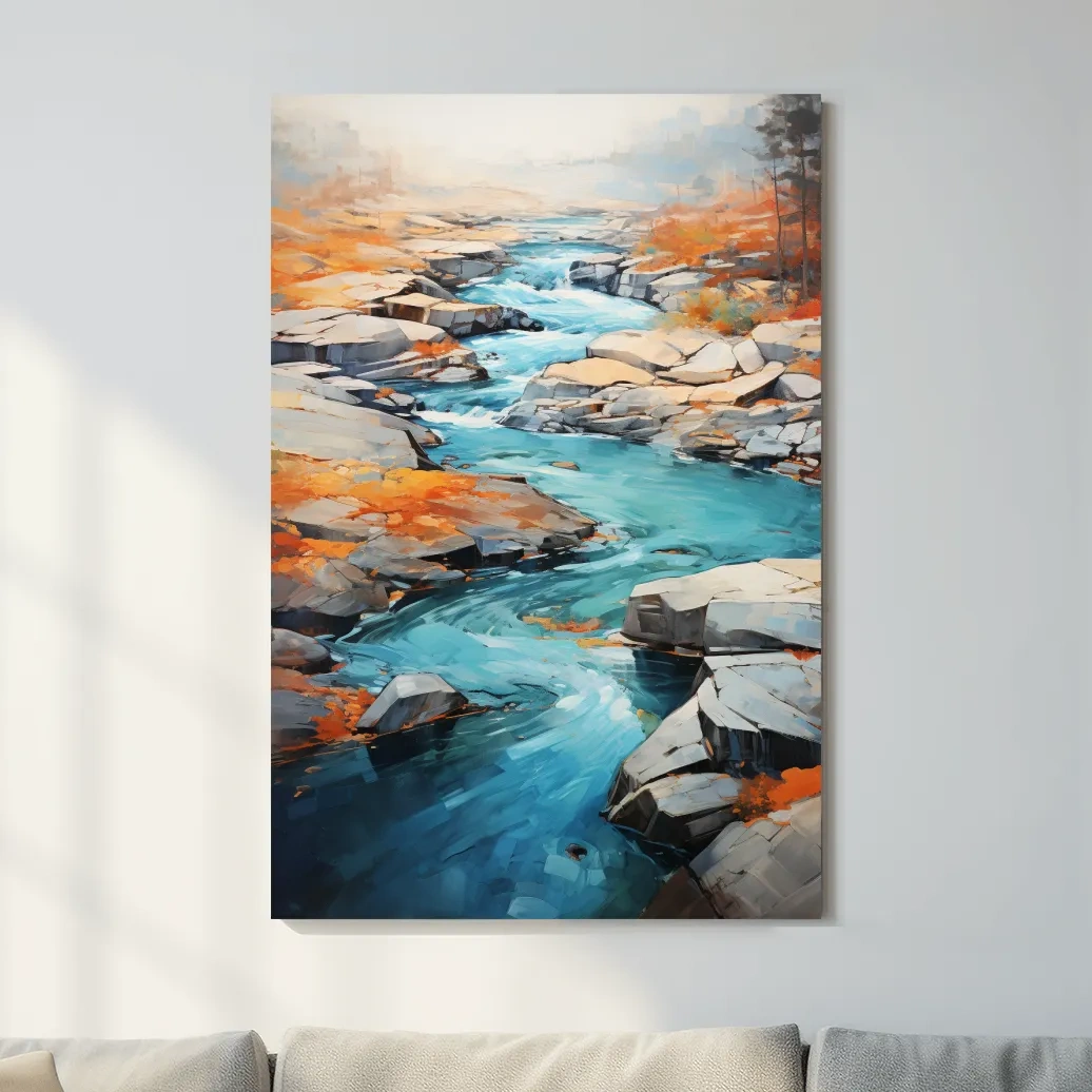 Serene painting of a river flowing through the rocks in fall