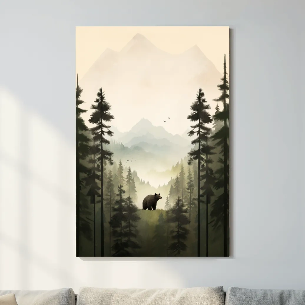 Misty Pine Forest Bear Illustration - Minimalist Wildlife Wall Art