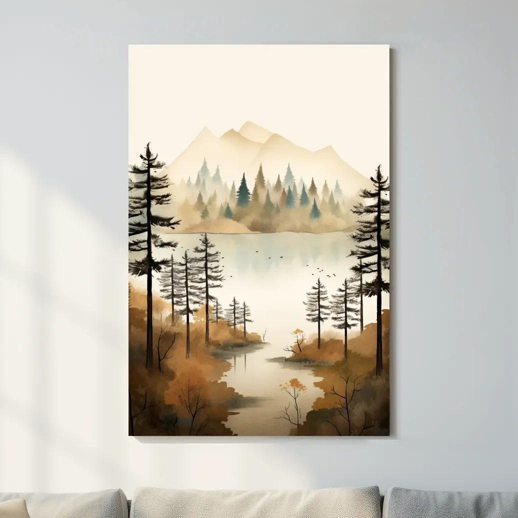 Watercolour landscape art, lakeside forest scenery in fall