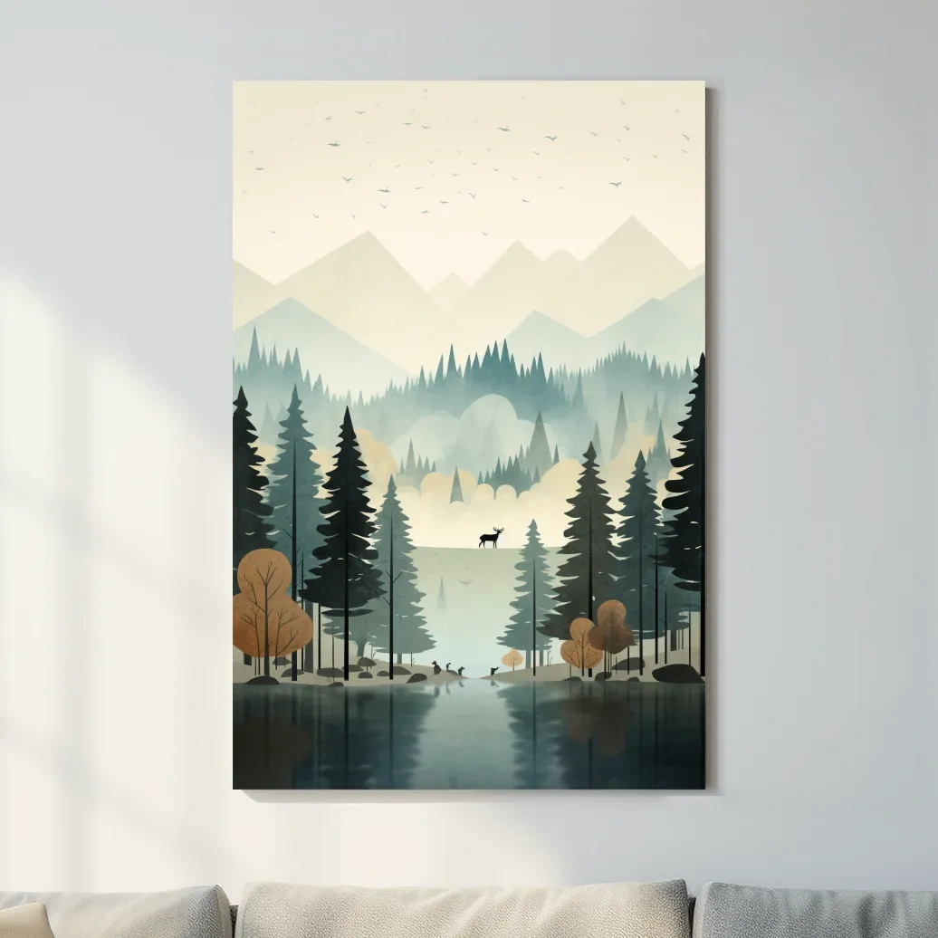 Mountain illustration, silhouette of a deer in a peaceful forest