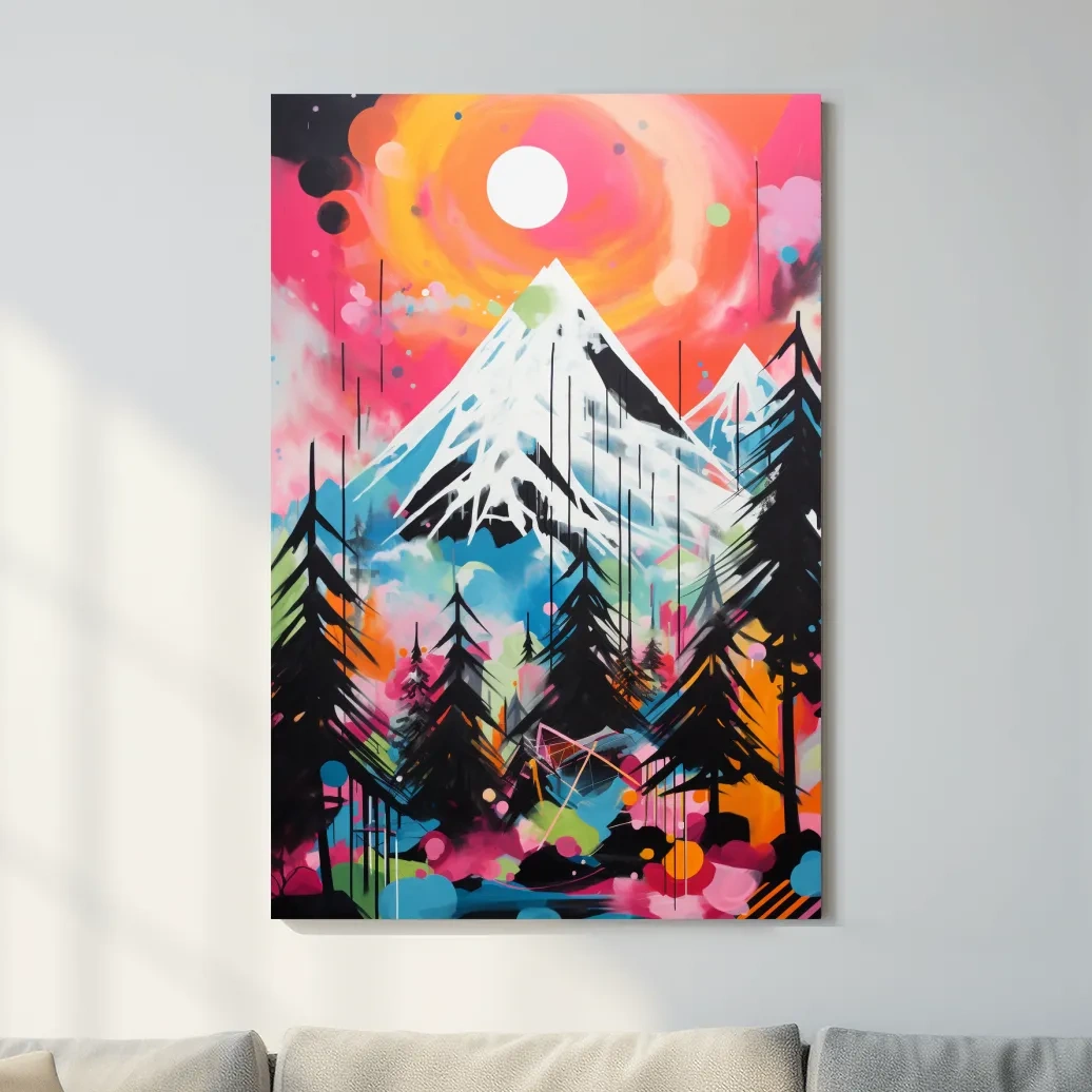 Vibrant energetic arcylic painting, glacier at sunset