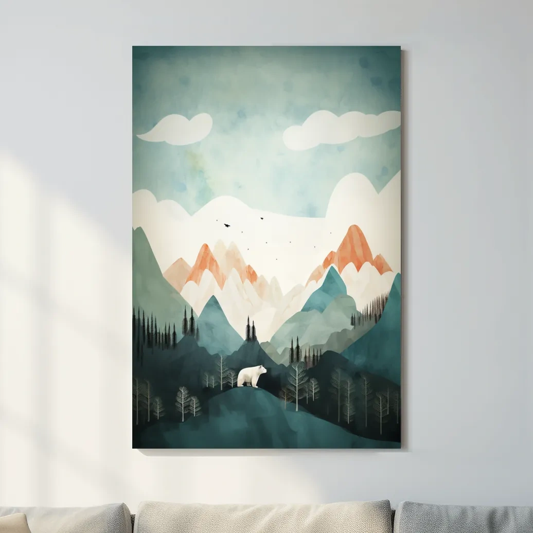 Bear standing in the forest, textured minimal illustration
