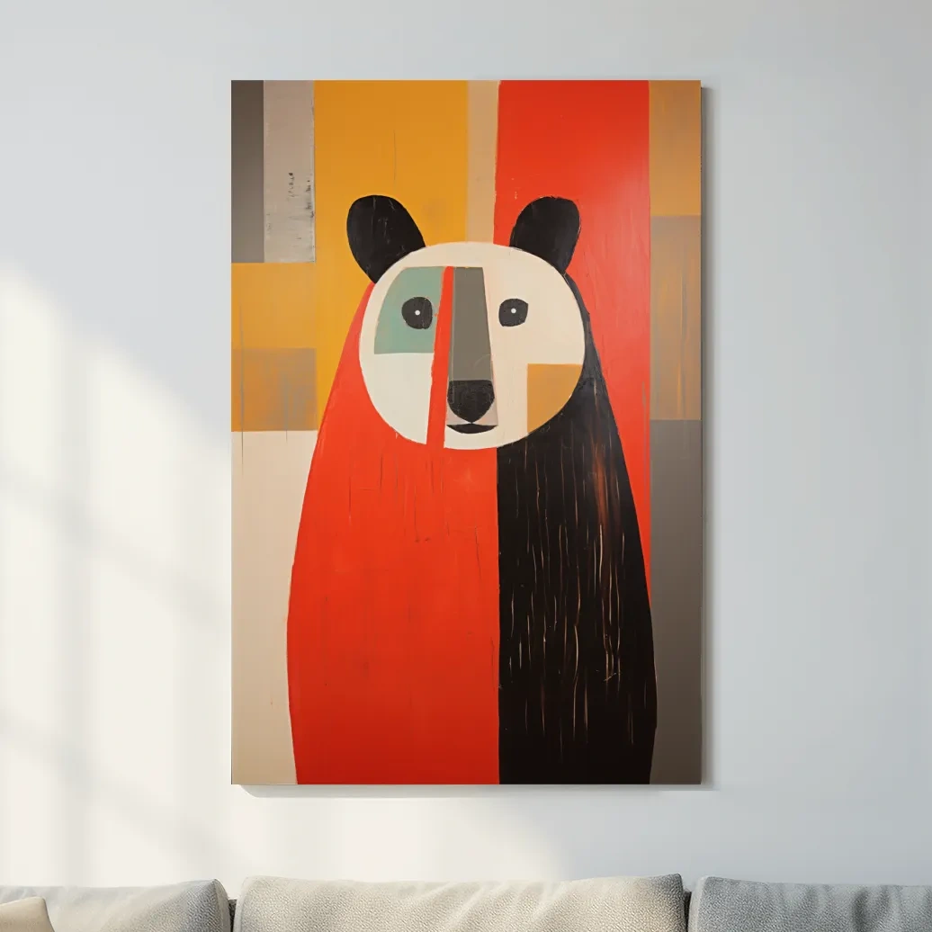Bold Geometric Bear Portrait Painting - Quirky Abstract Animal Wall Art