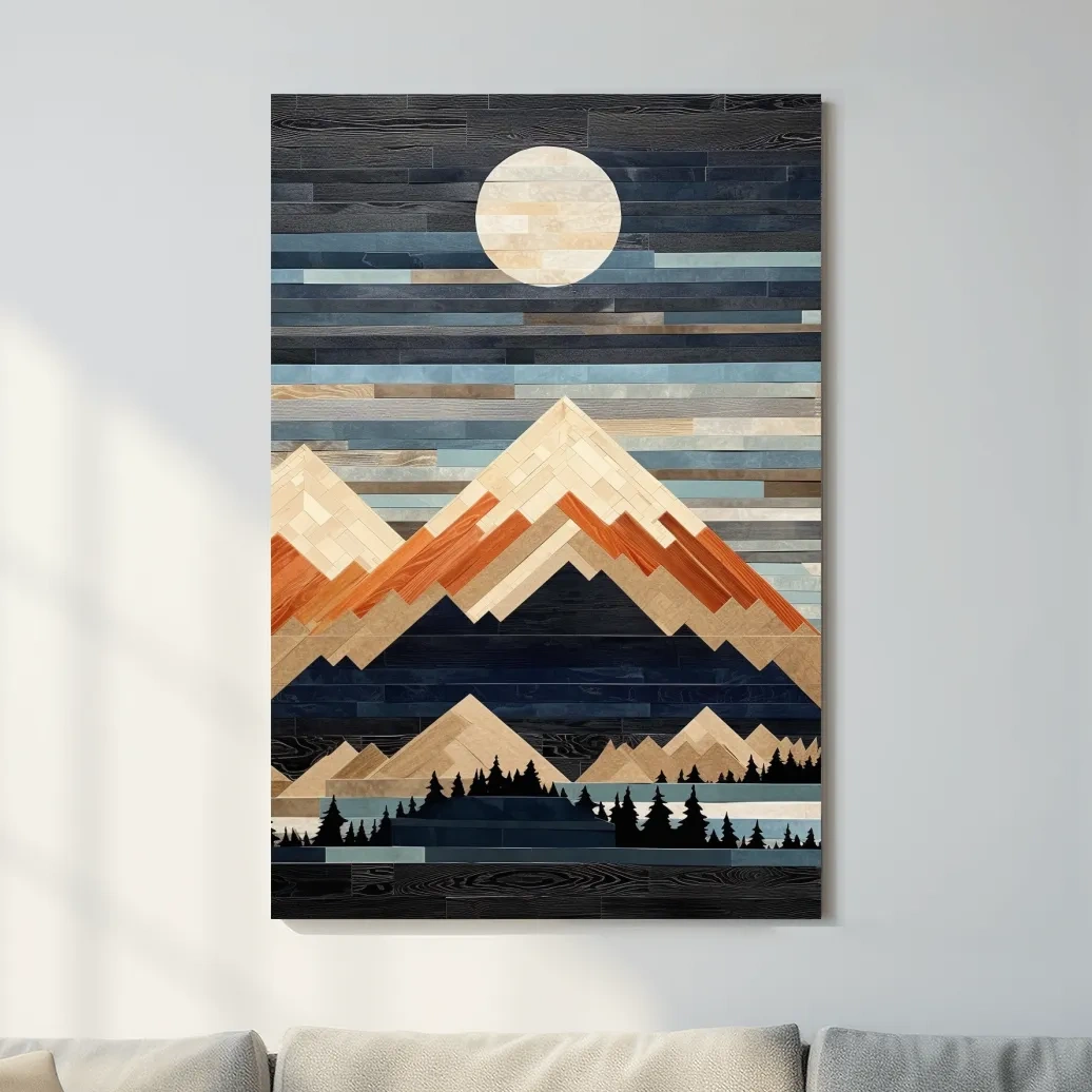 Wooden panel art, painted wood mountains under the night sky