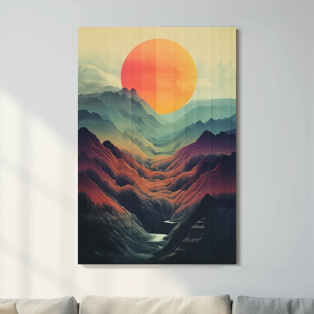 Illustrative art of a layered mountainous valley at sunset