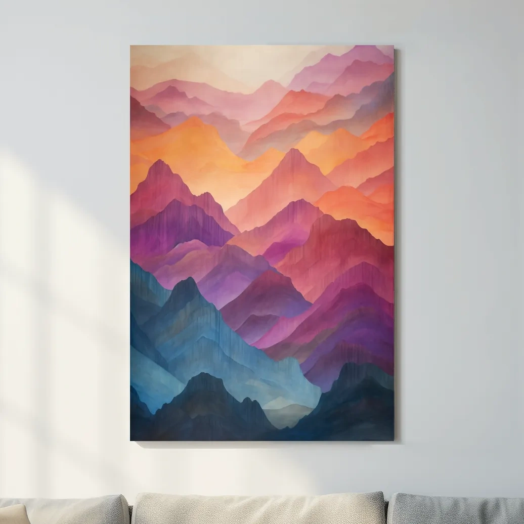 Vibrant colourful mountain range patterns, watercolour style illustration