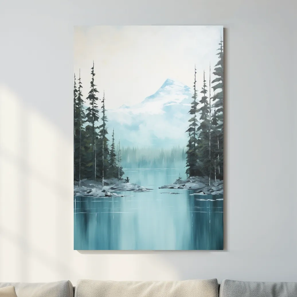 Serene painting of a turquoise Canadian alpine lake