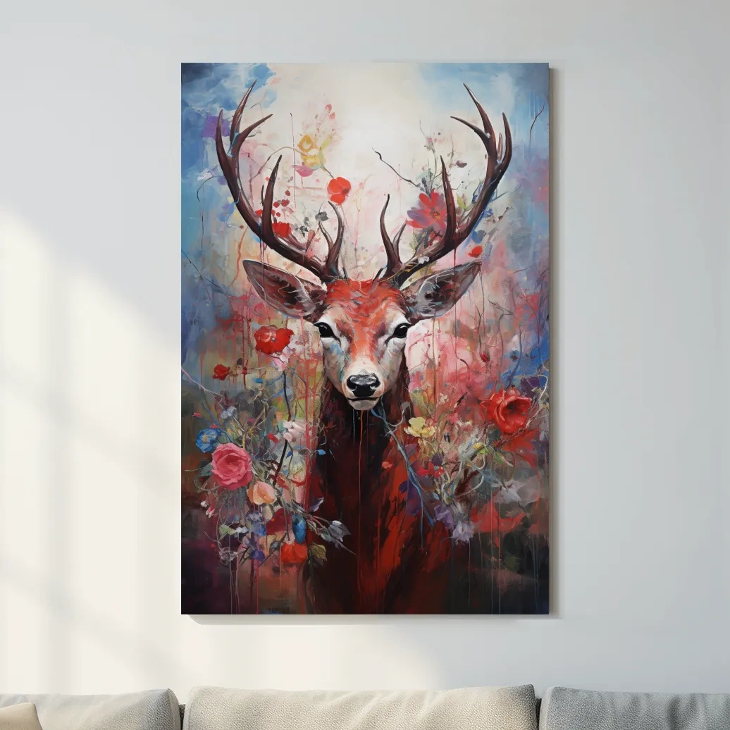 Floral painting of a deer, vibrant wall art