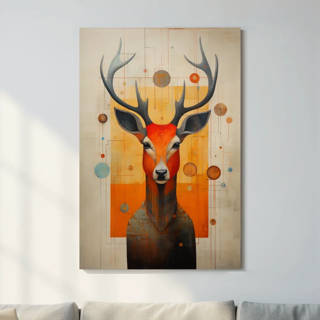 Mid Century Abstract Stag Portrait Painting - Quirky Wildlife Wall Art