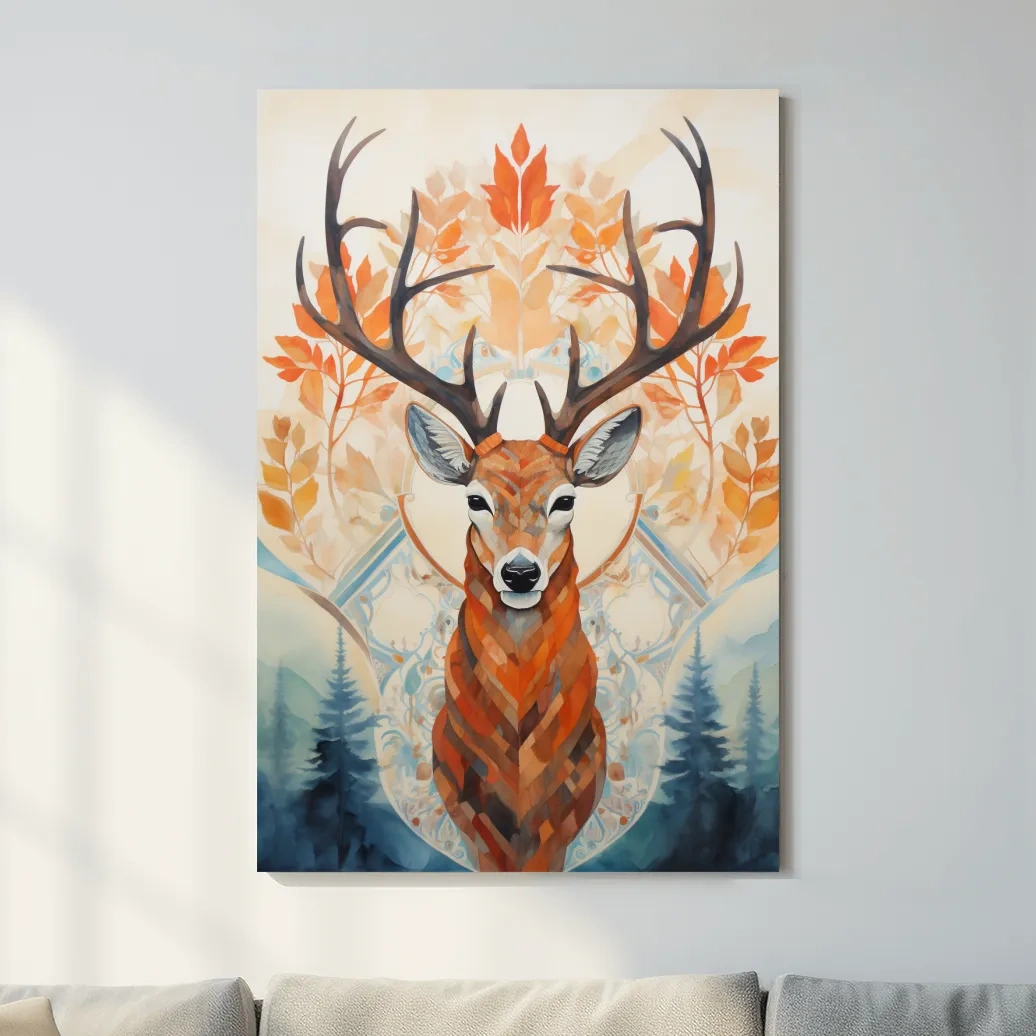 Ornate Stag Deer Watercolor Portrait - Autumn Woodland Wildlife Wall Art