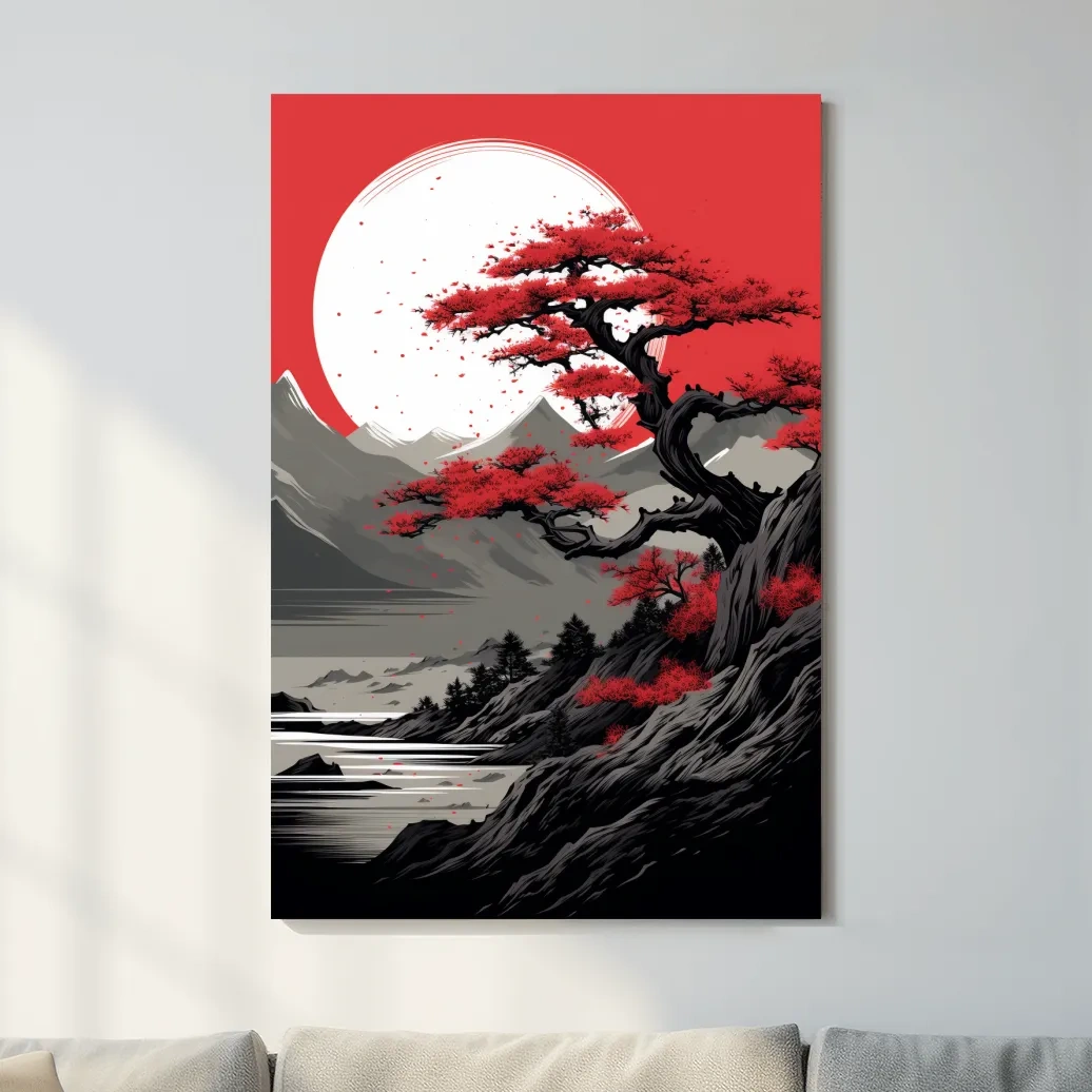 Japanese Ink Landscape With Bonsai Tree - Zen Mountain Wall Art