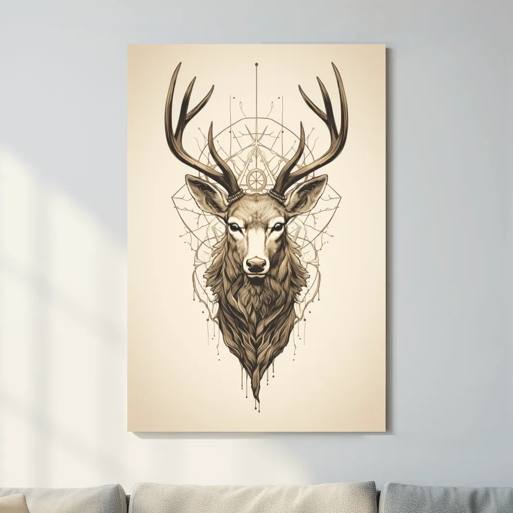 Ornate Stag Head Line Art - Minimalist Tattoo Style Wildlife Wall Art