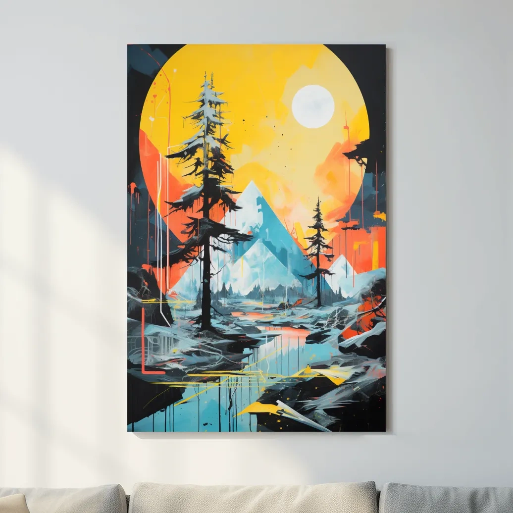 Abstract geometric painting of a glacier alpine landscape at sunset