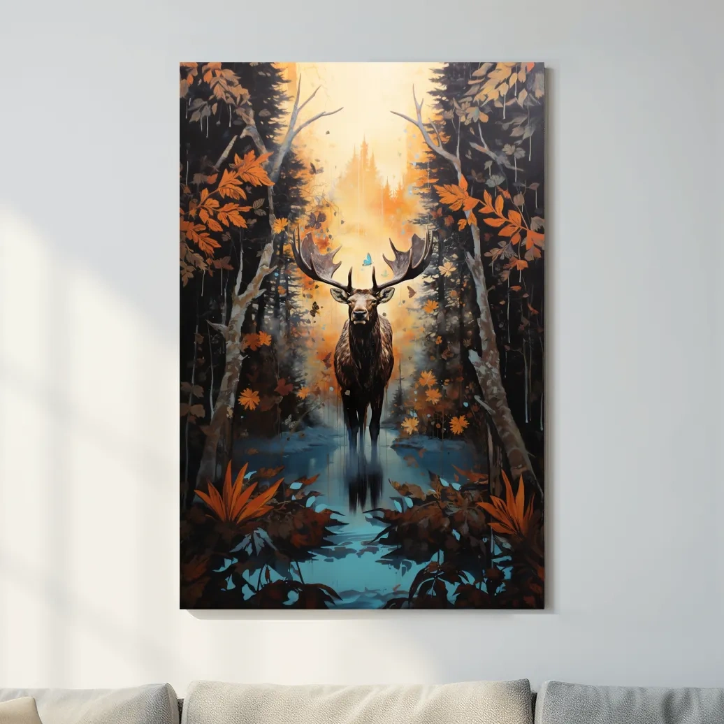 Painting of a moose in the woods in autumn
