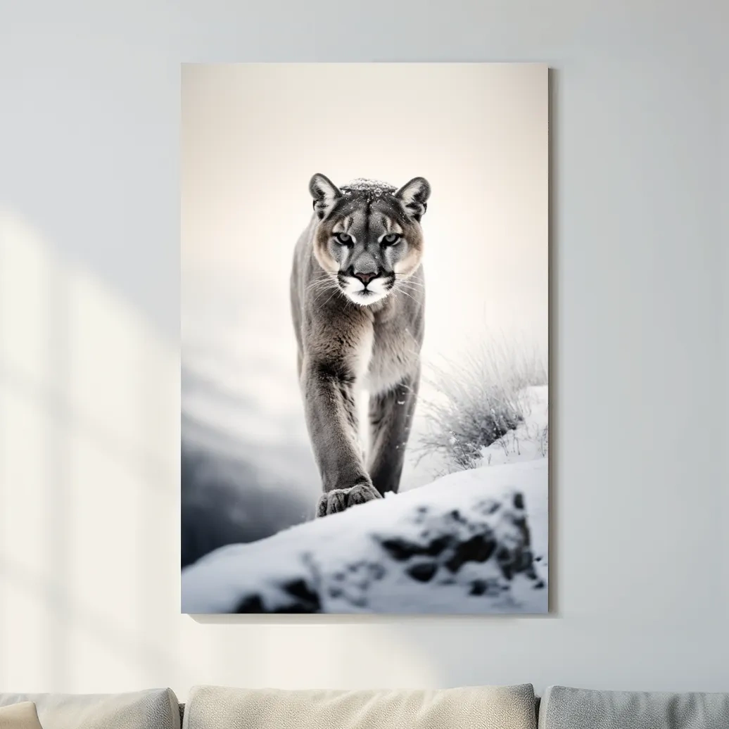 Majestic Cougar Close Up Wildlife Photography - Minimalist Winter Wall Art